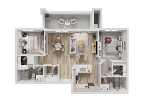 A 3D floor plan of a small apartment with a kitchen, living room, and bathroom.
